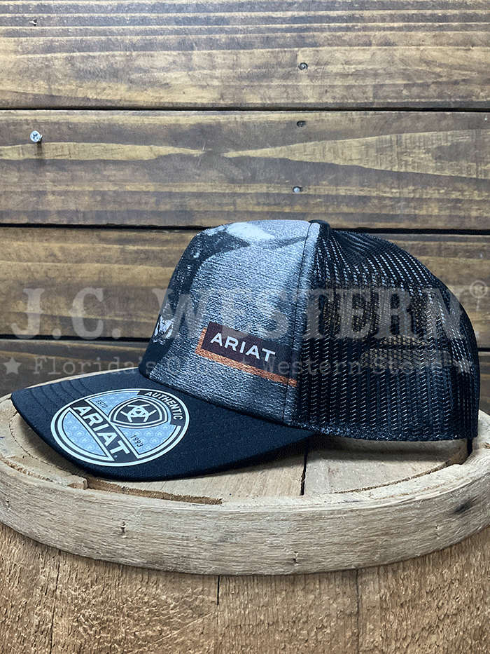 Ariat A300093801 Snapback Bull Print Cap Black front view. If you need any assistance with this item or the purchase of this item please call us at five six one seven four eight eight eight zero one Monday through Saturday 10:00a.m EST to 8:00 p.m EST