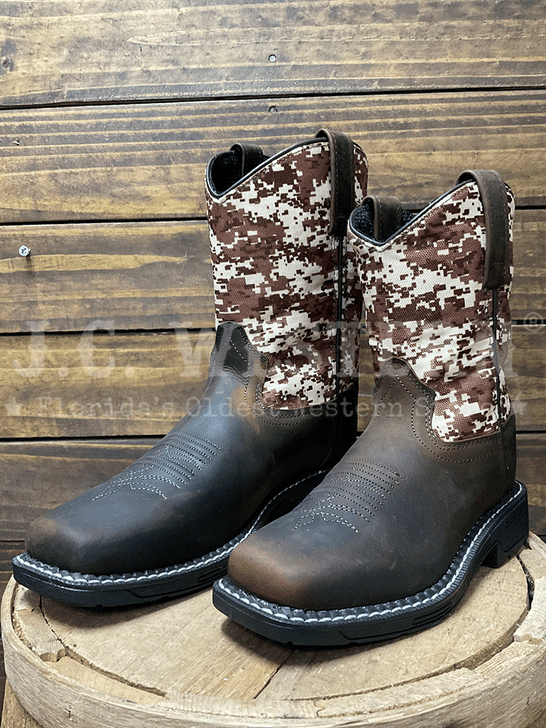 Old West WB1006 WB1006Y Kids Square Toe Western Boot Brown side view pair. If you need any assistance with this item or the purchase of this item please call us at five six one seven four eight eight eight zero one Monday through Saturday 10:00a.m EST to 8:00 p.m EST