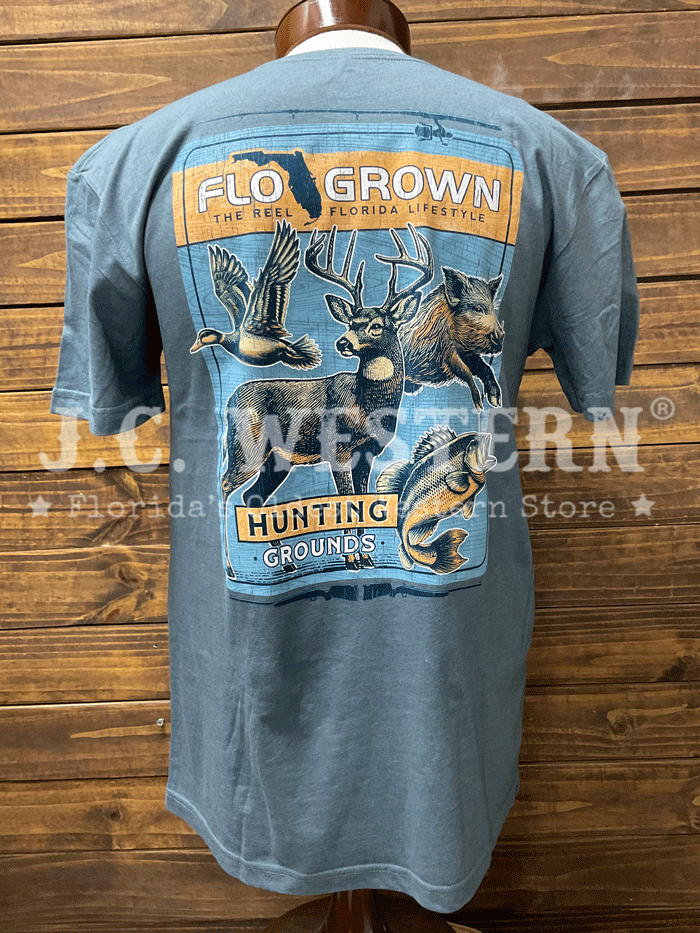 FloGrown FGM1-1087 Mens Hunting Grounds Tee Heather Blue back view. If you need any assistance with this item or the purchase of this item please call us at five six one seven four eight eight eight zero one Monday through Saturday 10:00a.m EST to 8:00 p.m EST
