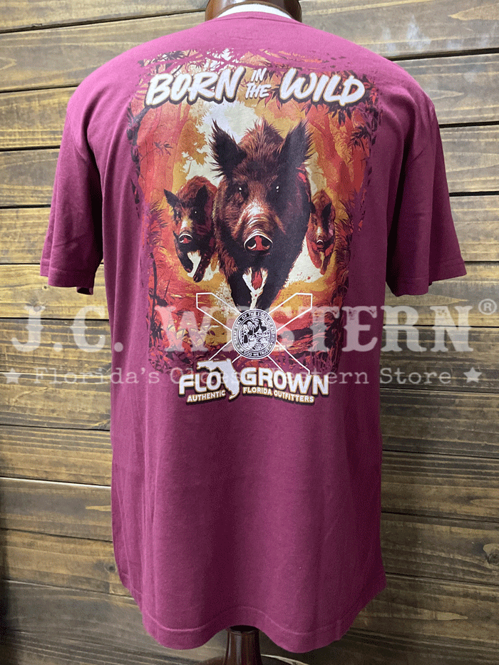FloGrown FGM1-1065 Mens Born In The Wild Tee Burgundy back view. If you need any assistance with this item or the purchase of this item please call us at five six one seven four eight eight eight zero one Monday through Saturday 10:00a.m EST to 8:00 p.m EST

