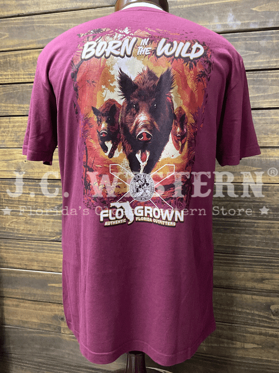 FloGrown FGM1-1065 Mens Born In The Wild Tee Burgundy back view. If you need any assistance with this item or the purchase of this item please call us at five six one seven four eight eight eight zero one Monday through Saturday 10:00a.m EST to 8:00 p.m EST
