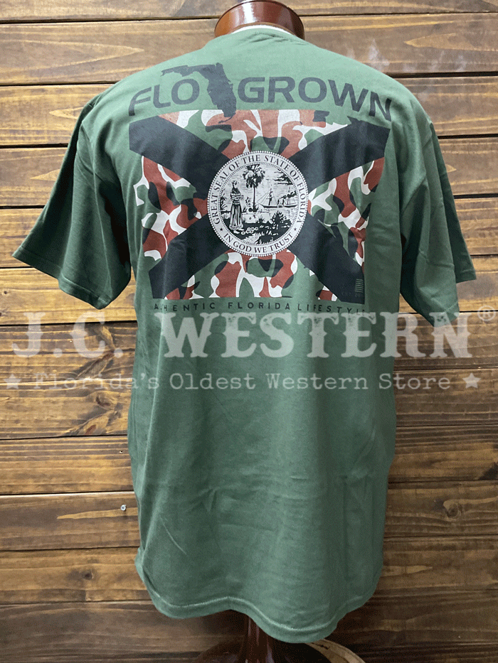 FloGrown FGM1-1067 Mens Florida Outdoor Camo Tee Olive back view. If you need any assistance with this item or the purchase of this item please call us at five six one seven four eight eight eight zero one Monday through Saturday 10:00a.m EST to 8:00 p.m EST
