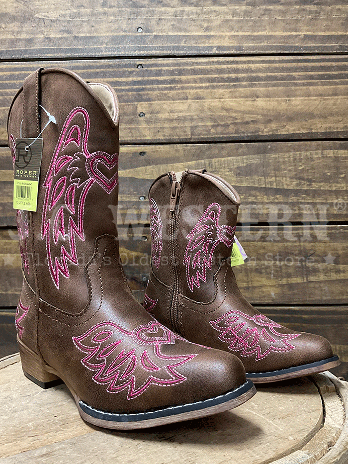 Roper 3647 Kids Wing Embroidery Western Boot Pink And Brown side view. If you need any assistance with this item or the purchase of this item please call us at five six one seven four eight eight eight zero one Monday through Saturday 10:00a.m EST to 8:00 p.m EST