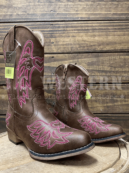 Roper 3647 Kids Wing Embroidery Western Boot Pink And Brown side view. If you need any assistance with this item or the purchase of this item please call us at five six one seven four eight eight eight zero one Monday through Saturday 10:00a.m EST to 8:00 p.m EST