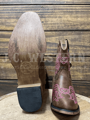 Roper 3647 Kids Wing Embroidery Western Boot Pink And Brown sole and front view. If you need any assistance with this item or the purchase of this item please call us at five six one seven four eight eight eight zero one Monday through Saturday 10:00a.m EST to 8:00 p.m EST