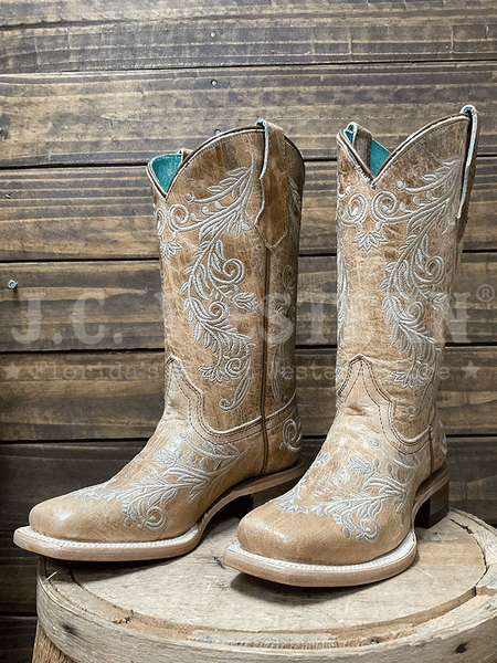 Corral T0239 Teens Floral Embroidery Square Toe Boot Tan front view. If you need any assistance with this item or the purchase of this item please call us at five six one seven four eight eight eight zero one Monday through Saturday 10:00a.m EST to 8:00 p.m EST