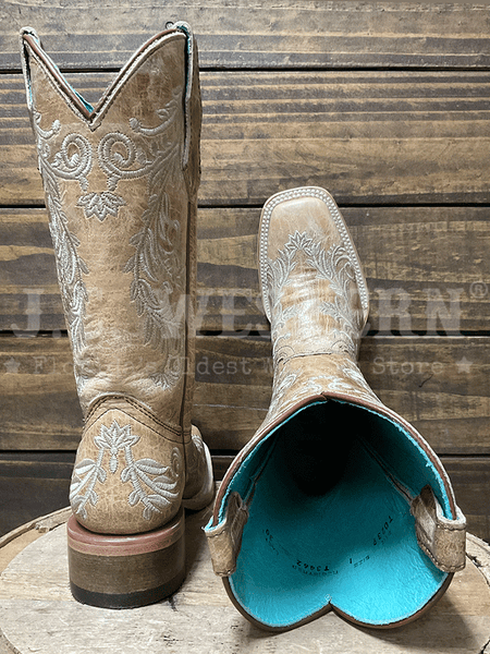 Corral T0239 Teens Floral Embroidery Square Toe Boot Tan back and toe view. If you need any assistance with this item or the purchase of this item please call us at five six one seven four eight eight eight zero one Monday through Saturday 10:00a.m EST to 8:00 p.m EST
