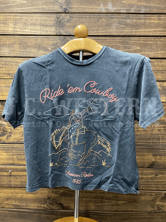 Zutter T4036-2675-BLK Womens Ride Em Cowboy Tee Black front view. If you need any assistance with this item or the purchase of this item please call us at five six one seven four eight eight eight zero one Monday through Saturday 10:00a.m EST to 8:00 p.m EST