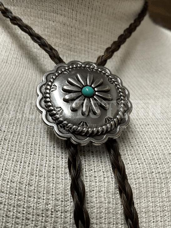 Cowboy Collectibles BOLW512 Turquoise Sunflower Bolo Tie Dark Sorrel close up. If you need any assistance with this item or the purchase of this item please call us at five six one seven four eight eight eight zero one Monday through Saturday 10:00a.m EST to 8:00 p.m EST