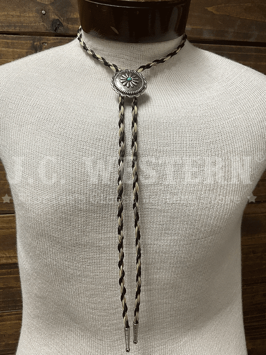 Cowboy Collectibles BOLT512 Turquoise Sunflower Bolo Tie Black And Grey front view. If you need any assistance with this item or the purchase of this item please call us at five six one seven four eight eight eight zero one Monday through Saturday 10:00a.m EST to 8:00 p.m EST