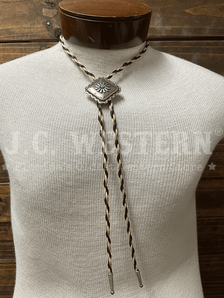 Cowboy Collectibles BOLT514 Golden Lasso Turquoise Square Bolo Tie Creme And Dark Sorrel front view. If you need any assistance with this item or the purchase of this item please call us at five six one seven four eight eight eight zero one Monday through Saturday 10:00a.m EST to 8:00 p.m EST