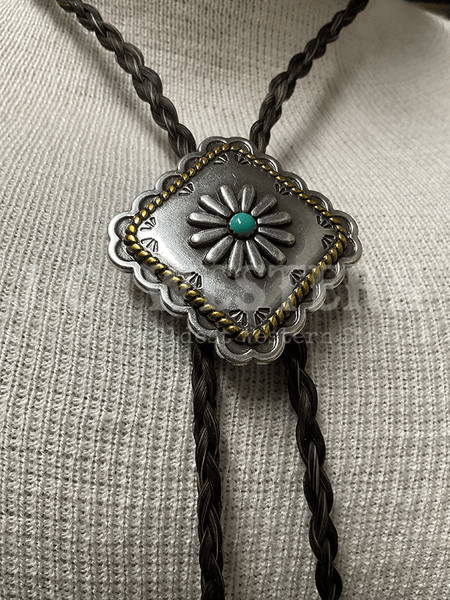 Cowboy Collectibles BOLW514 Golden Lasso Turquoise Square Bolo Tie Dark Sorrel close up. If you need any assistance with this item or the purchase of this item please call us at five six one seven four eight eight eight zero one Monday through Saturday 10:00a.m EST to 8:00 p.m EST
