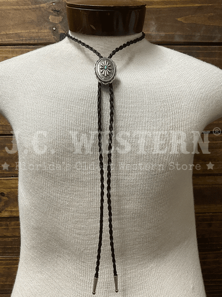 Cowboy Collectibles BOLW513 Iconic Turquoise Bolo Tie Black front view. If you need any assistance with this item or the purchase of this item please call us at five six one seven four eight eight eight zero one Monday through Saturday 10:00a.m EST to 8:00 p.m EST