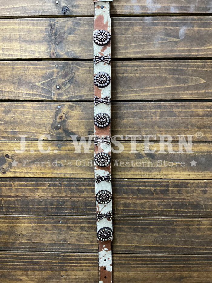 Angel Ranch D140002308 Womens Calf Hair And Conchos Belt Tan front view. If you need any assistance with this item or the purchase of this item please call us at five six one seven four eight eight eight zero one Monday through Saturday 10:00a.m EST to 8:00 p.m EST
