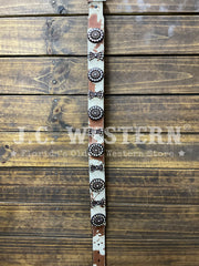Angel Ranch D140002308 Womens Calf Hair And Conchos Belt Tan hanging view. If you need any assistance with this item or the purchase of this item please call us at five six one seven four eight eight eight zero one Monday through Saturday 10:00a.m EST to 8:00 p.m EST