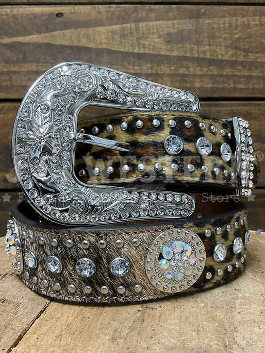 Nocona N320003402 Womens Calf Hair Leopard Ivory Round Conchos Belt Brown front view. If you need any assistance with this item or the purchase of this item please call us at five six one seven four eight eight eight zero one Monday through Saturday 10:00a.m EST to 8:00 p.m EST