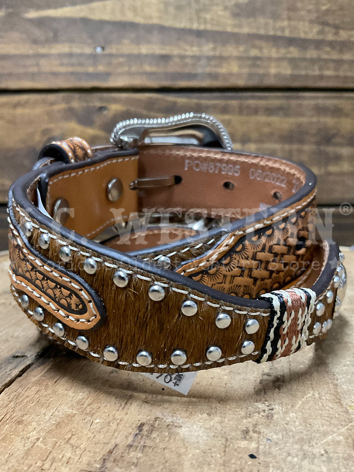Nocona N4436448 Kids Calf Hair Belt Tan front view. If you need any assistance with this item or the purchase of this item please call us at five six one seven four eight eight eight zero one Monday through Saturday 10:00a.m EST to 8:00 p.m EST