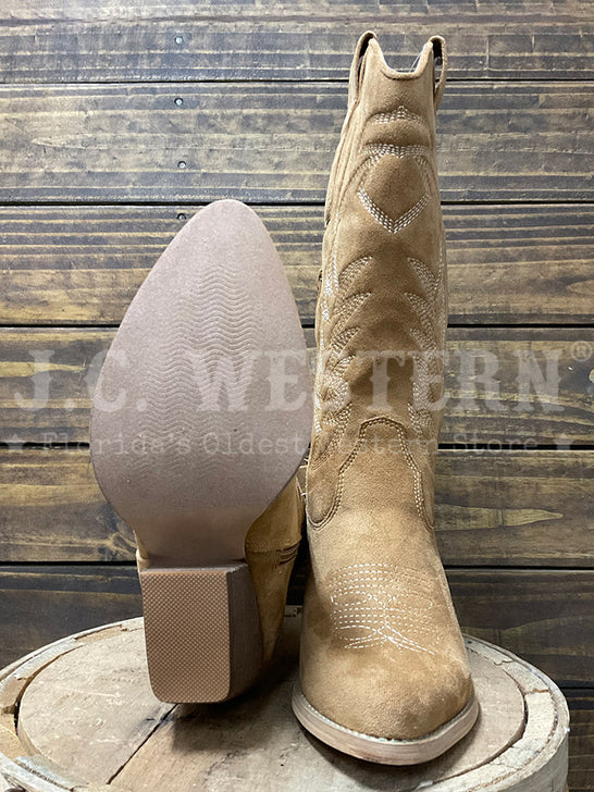 Roper 09-021-1556-3665 Womens Faux Leather Pointy Toe Fashion Boot Tan sole and front view. If you need any assistance with this item or the purchase of this item please call us at five six one seven four eight eight eight zero one Monday through Saturday 10:00a.m EST to 8:00 p.m EST