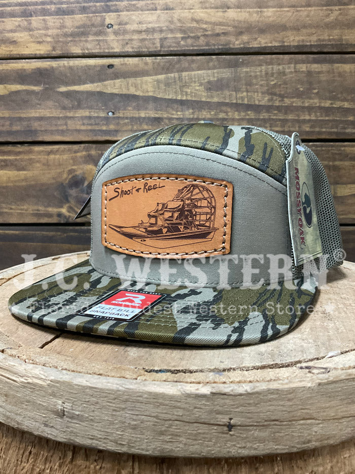 Shoot & Reel SR8-MOBL Air Boat Patch Flat Bill Cap Mossy Oak Bottomland Loden side / front view. If you need any assistance with this item or the purchase of this item please call us at five six one seven four eight eight eight zero one Monday through Saturday 10:00a.m EST to 8:00 p.m EST