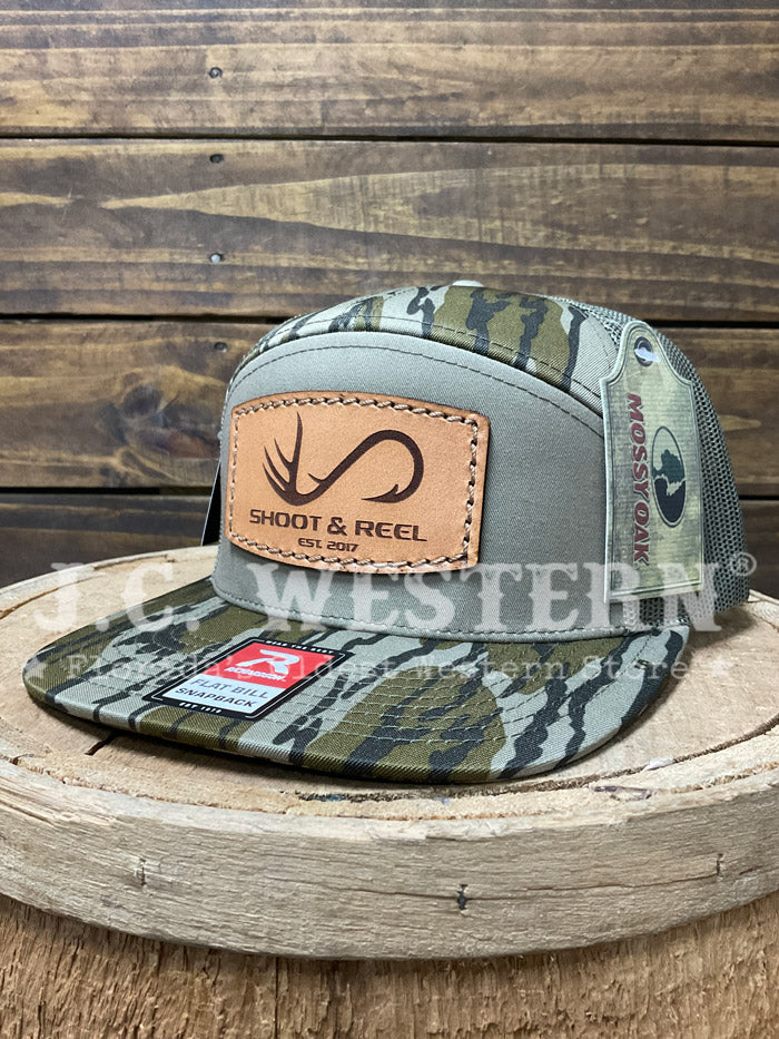 Shoot & Reel SR3-MOBL Company Logo Patch Flat Bill Cap Mossy Oak Bottomland Loden side / front view. If you need any assistance with this item or the purchase of this item please call us at five six one seven four eight eight eight zero one Monday through Saturday 10:00a.m EST to 8:00 p.m EST