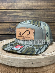 Shoot & Reel SR3-MOBL Company Logo Patch Flat Bill Cap Mossy Oak Bottomland Loden side / front view. If you need any assistance with this item or the purchase of this item please call us at five six one seven four eight eight eight zero one Monday through Saturday 10:00a.m EST to 8:00 p.m EST