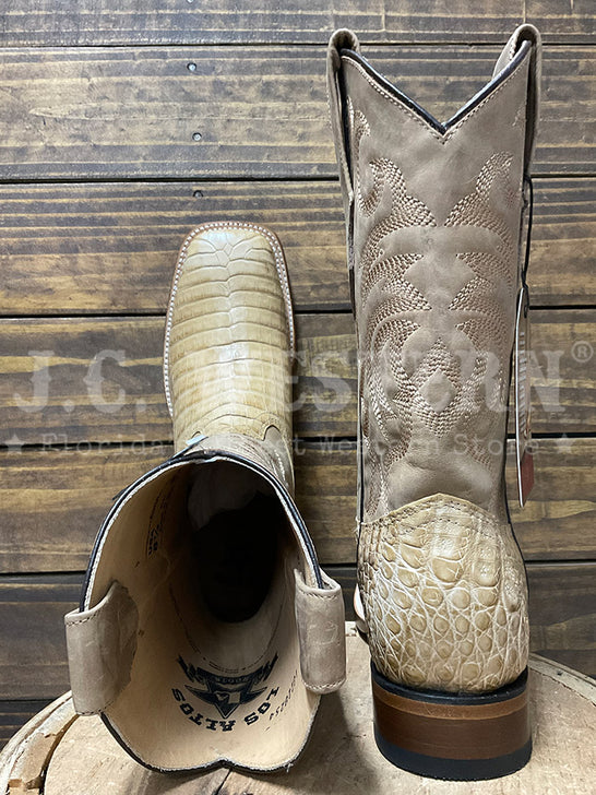 Los Altos 8228254 Mens Wide Square Toe Caiman Belly Boot Amber Tan toe and back view. If you need any assistance with this item or the purchase of this item please call us at five six one seven four eight eight eight zero one Monday through Saturday 10:00a.m EST to 8:00 p.m EST