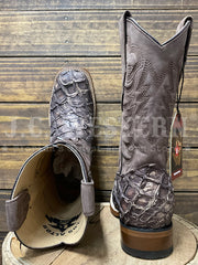 Los Altos 8221085 Mens Wide Square Toe Inverted Pirarucu Boot Rustic Brown Bark toe and back view. If you need any assistance with this item or the purchase of this item please call us at five six one seven four eight eight eight zero one Monday through Saturday 10:00a.m EST to 8:00 p.m EST