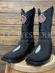 King Exotic 4821205 Mens Wide Square Toe Stingray Boot Black side view. If you need any assistance with this item or the purchase of this item please call us at five six one seven four eight eight eight zero one Monday through Saturday 10:00a.m EST to 8:00 p.m EST