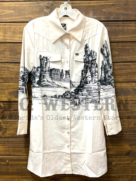 Lucky & Blessed DR677-IVO Womens Landscape Print Long Sleeve Shirt Dress Ivory front view. If you need any assistance with this item or the purchase of this item please call us at five six one seven four eight eight eight zero one Monday through Saturday 10:00a.m EST to 8:00 p.m EST
