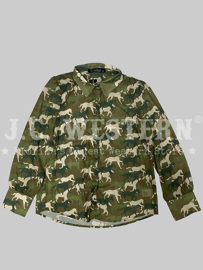 Lucky & Blessed TO1225-CAM Womens Horse Printed Puff Long Sleeve Shirt Camo front view. If you need any assistance with this item or the purchase of this item please call us at five six one seven four eight eight eight zero one Monday through Saturday 10:00a.m EST to 8:00 p.m EST