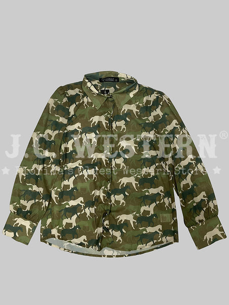Lucky & Blessed TO1225-CAM Womens Horse Printed Puff Long Sleeve Shirt Camo front view. If you need any assistance with this item or the purchase of this item please call us at five six one seven four eight eight eight zero one Monday through Saturday 10:00a.m EST to 8:00 p.m EST