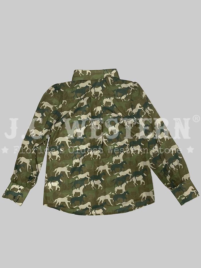Lucky & Blessed TO1225-CAM Womens Horse Printed Puff Long Sleeve Shirt Camo front view. If you need any assistance with this item or the purchase of this item please call us at five six one seven four eight eight eight zero one Monday through Saturday 10:00a.m EST to 8:00 p.m EST