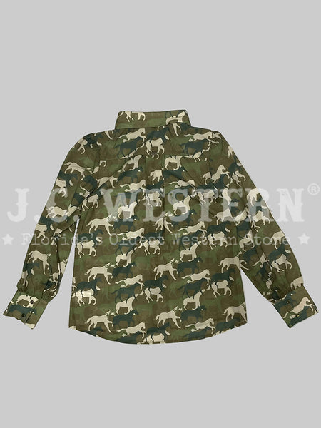 Lucky & Blessed TO1225-CAM Womens Horse Printed Puff Long Sleeve Shirt Camo back view. If you need any assistance with this item or the purchase of this item please call us at five six one seven four eight eight eight zero one Monday through Saturday 10:00a.m EST to 8:00 p.m EST