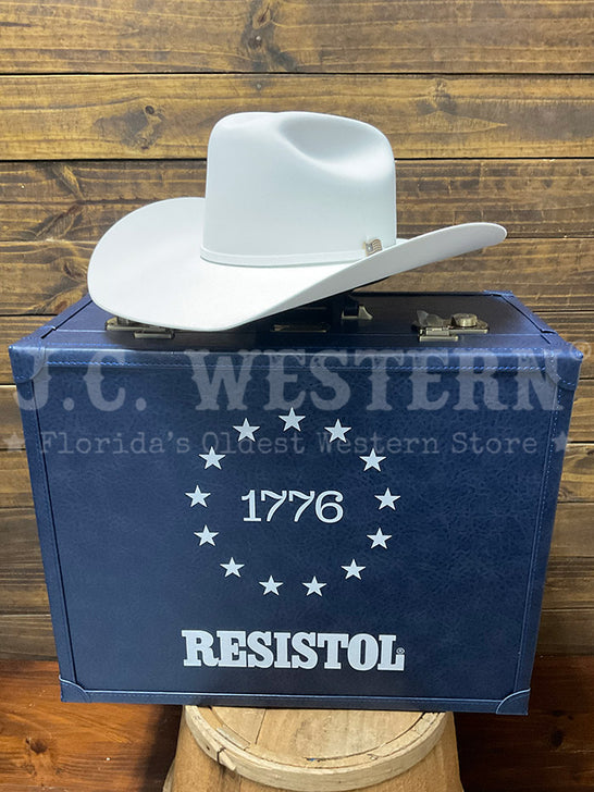Resistol RFTR76-724272 THE RESISTOL 1776 250th Anniversary Of The United States Of America No 050/250 Hat White hat and box view. If you need any assistance with this item or the purchase of this item please call us at five six one seven four eight eight eight zero one Monday through Saturday 10:00a.m EST to 8:00 p.m EST