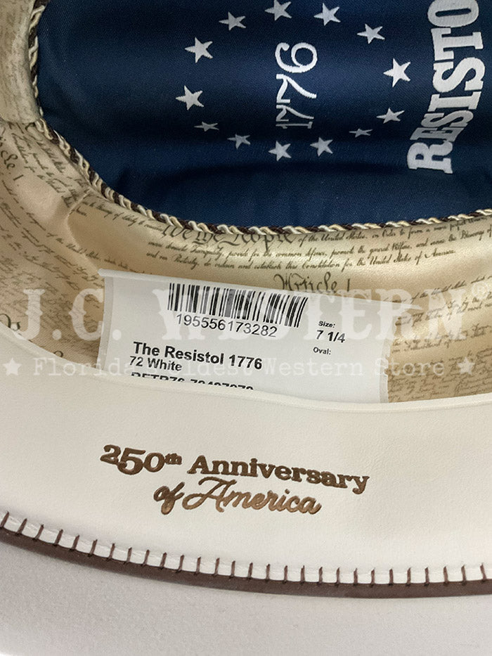 Resistol RFTR76-724272 THE RESISTOL 1776 250th Anniversary Of The United States Of America No 050/250 Hat, box, and certificate view. If you need any assistance with this item or the purchase of this item please call us at five six one seven four eight eight eight zero one Monday through Saturday 10:00a.m EST to 8:00 p.m EST