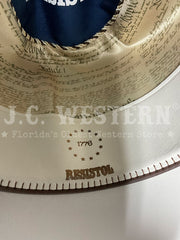 Resistol RFTR76-724272 THE RESISTOL 1776 250th Anniversary Of The United States Of America No 050/250 Hat White inside close up. If you need any assistance with this item or the purchase of this item please call us at five six one seven four eight eight eight zero one Monday through Saturday 10:00a.m EST to 8:00 p.m EST