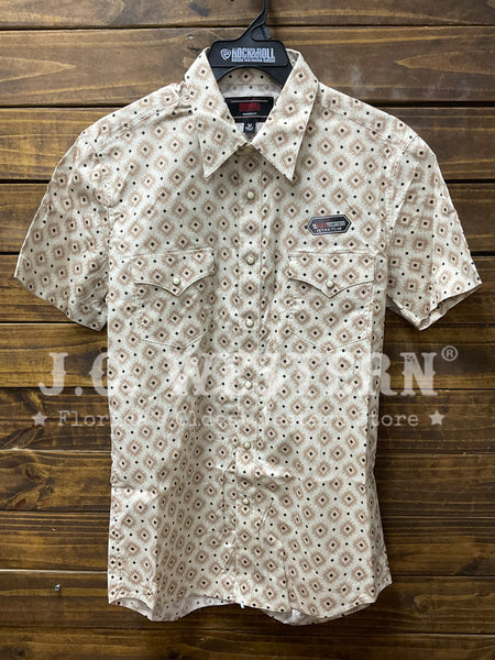 Rock & Roll Denim BMB3S08667 Mens Aztec Print Short Sleeve Snap Shirt Tan front view. If you need any assistance with this item or the purchase of this item please call us at five six one seven four eight eight eight zero one Monday through Saturday 10:00a.m EST to 8:00 p.m EST
