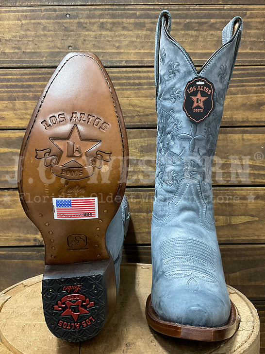 Los Altos 383R3614 Ladies VINTAGE Snip Toe Western Boot Blue Jeans sole and front view. If you need any assistance with this item or the purchase of this item please call us at five six one seven four eight eight eight zero one Monday through Saturday 10:00a.m EST to 8:00 p.m EST