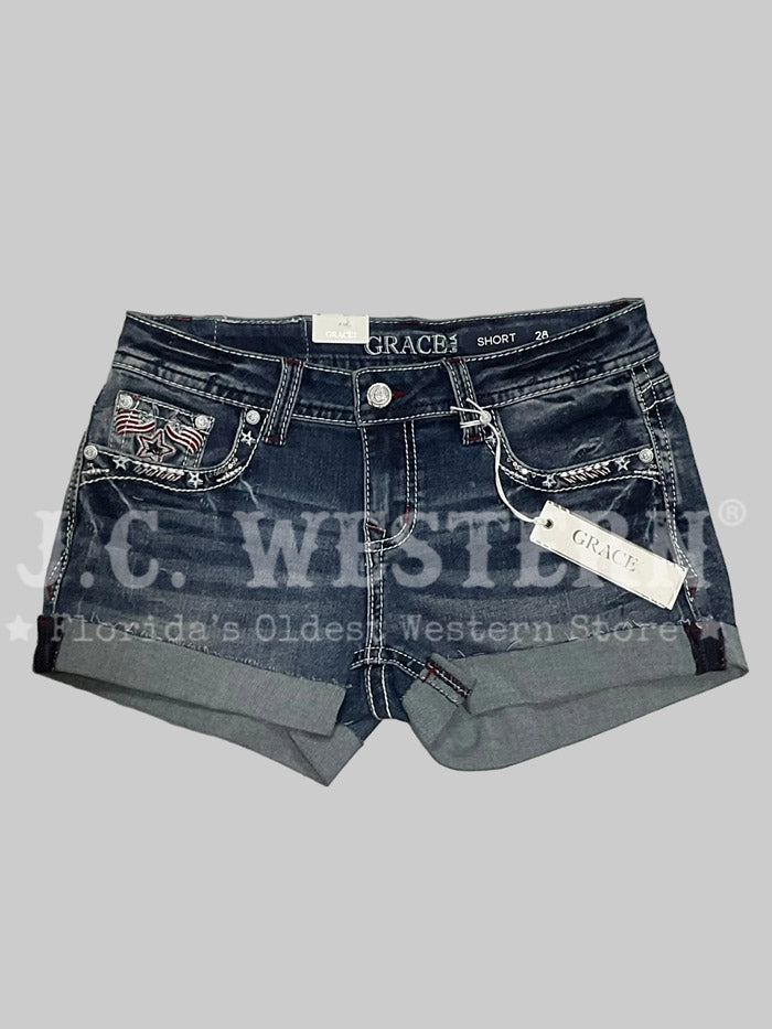 Grace in LA JHW62055 Womens America Flap Low Rise Shorts Denim back view. If you need any assistance with this item or the purchase of this item please call us at five six one seven four eight eight eight zero one Monday through Saturday 10:00a.m EST to 8:00 p.m EST