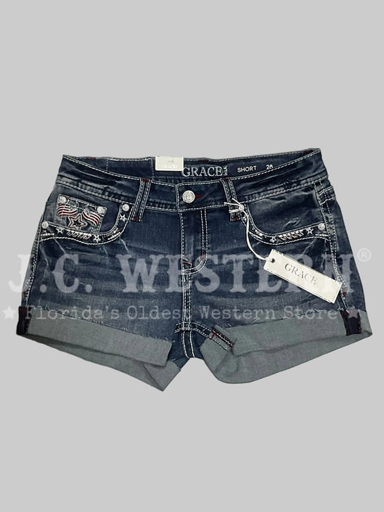 Grace in LA JHW62055 Womens America Flap Low Rise Shorts Denim front view. If you need any assistance with this item or the purchase of this item please call us at five six one seven four eight eight eight zero one Monday through Saturday 10:00a.m EST to 8:00 p.m EST
