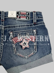 Grace in LA JHW62055 Womens America Flap Low Rise Shorts Denim back close up. If you need any assistance with this item or the purchase of this item please call us at five six one seven four eight eight eight zero one Monday through Saturday 10:00a.m EST to 8:00 p.m EST