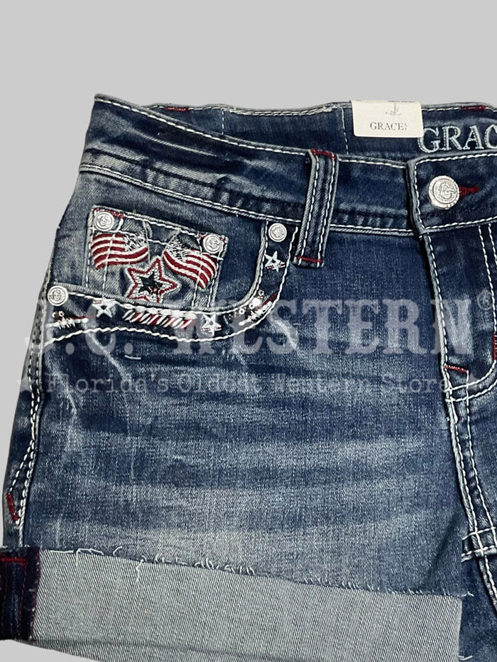 Grace in LA JHW62055 Womens America Flap Low Rise Shorts Denim back view. If you need any assistance with this item or the purchase of this item please call us at five six one seven four eight eight eight zero one Monday through Saturday 10:00a.m EST to 8:00 p.m EST