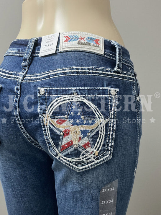 Grace In LA EB81820 Womens Star Mid Rise Boot Cut Jeans Denim back close up. If you need any assistance with this item or the purchase of this item please call us at five six one seven four eight eight eight zero one Monday through Saturday 10:00a.m EST to 8:00 p.m EST
