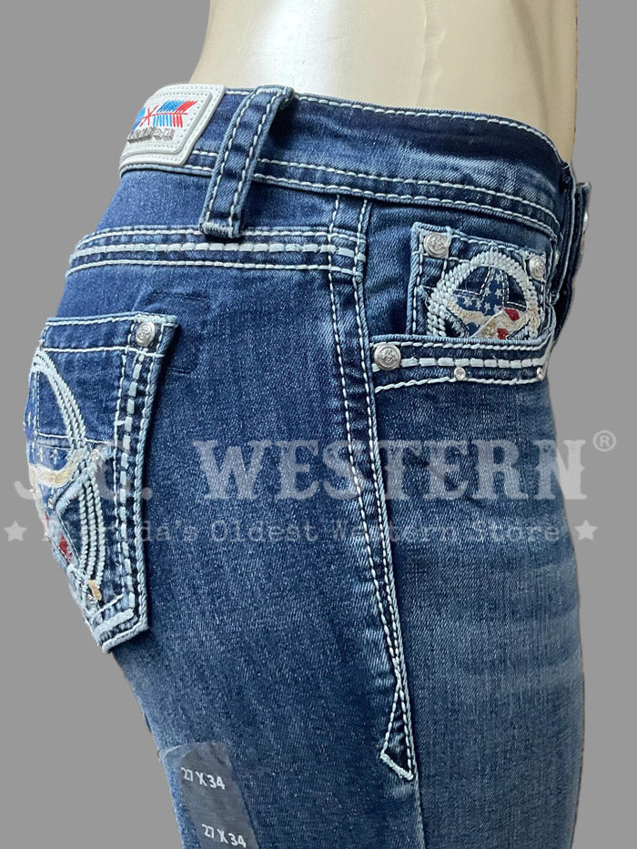 Grace In LA EB81820 Womens Star Mid Rise Boot Cut Jeans Denim back close up. If you need any assistance with this item or the purchase of this item please call us at five six one seven four eight eight eight zero one Monday through Saturday 10:00a.m EST to 8:00 p.m EST
