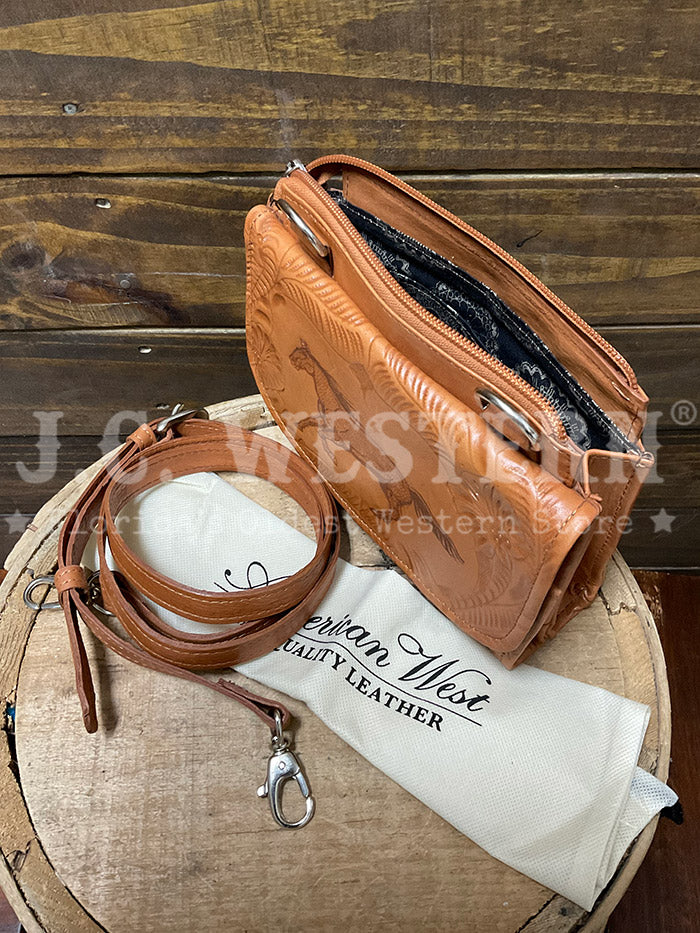 American West 1515982 Ladies Hitchin Post Texas Two Step Crossbody Leather Bag Natural Tan front view. If you need any assistance with this item or the purchase of this item please call us at five six one seven four eight eight eight zero one Monday through Saturday 10:00a.m EST to 8:00 p.m EST