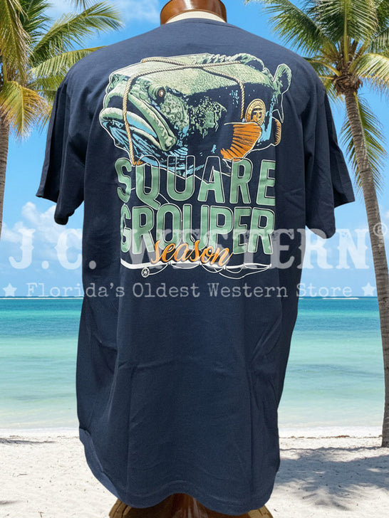FloGrown FGM1-1083 Mens Square Grouper Season Tee Navy back view. If you need any assistance with this item or the purchase of this item please call us at five six one seven four eight eight eight zero one Monday through Saturday 10:00a.m EST to 8:00 p.m EST