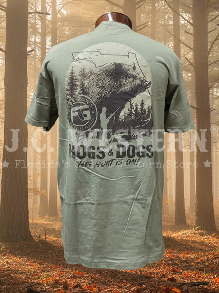 FloGrown FGM1-1123 Mens Hogs & Dogs Tee Olive back view. If you need any assistance with this item or the purchase of this item please call us at five six one seven four eight eight eight zero one Monday through Saturday 10:00a.m EST to 8:00 p.m EST
