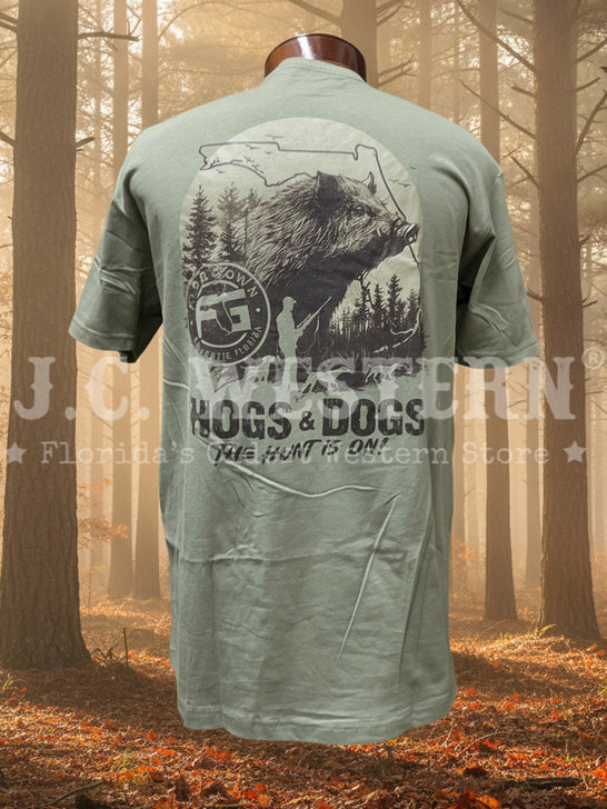 FloGrown FGM1-1123 Mens Hogs & Dogs Tee Olive back view. If you need any assistance with this item or the purchase of this item please call us at five six one seven four eight eight eight zero one Monday through Saturday 10:00a.m EST to 8:00 p.m EST
