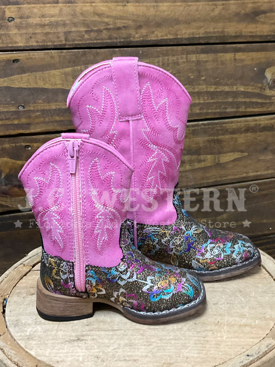 Roper 3857 Kids Glitter Rose Square Toe Western Boot Pink inner side view. If you need any assistance with this item or the purchase of this item please call us at five six one seven four eight eight eight zero one Monday through Saturday 10:00a.m EST to 8:00 p.m EST
