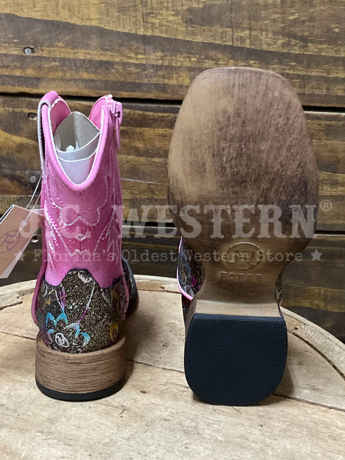 Roper 3857 Kids Glitter Rose Square Toe Western Boot Pink front and outter side view. If you need any assistance with this item or the purchase of this item please call us at five six one seven four eight eight eight zero one Monday through Saturday 10:00a.m EST to 8:00 p.m EST
